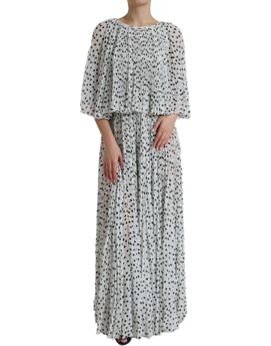 Women Dolce & Gabbana Women'S Dresses | Dolce & Gabbana White Polka Dot A-Line Pleated Maxi Dress