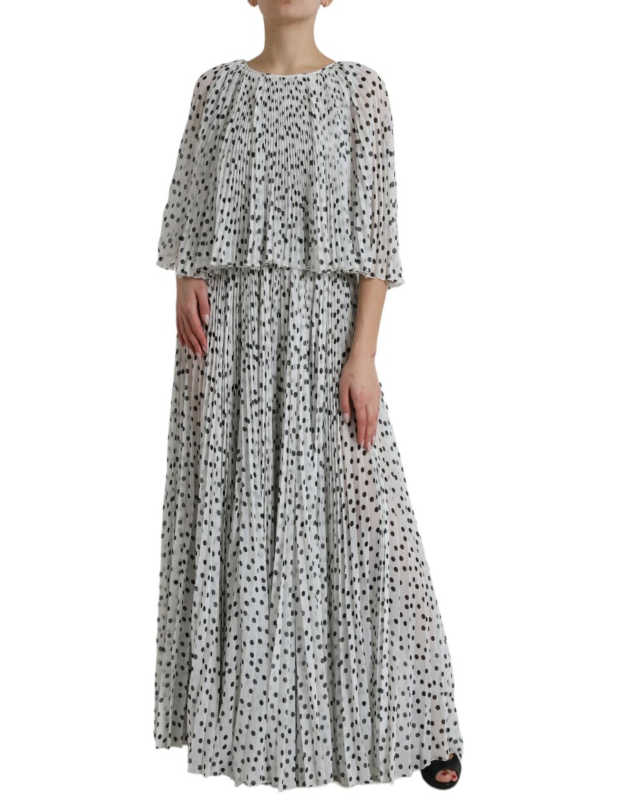 Women Dolce & Gabbana Women'S Dresses | Dolce & Gabbana White Polka Dot A-Line Pleated Maxi Dress