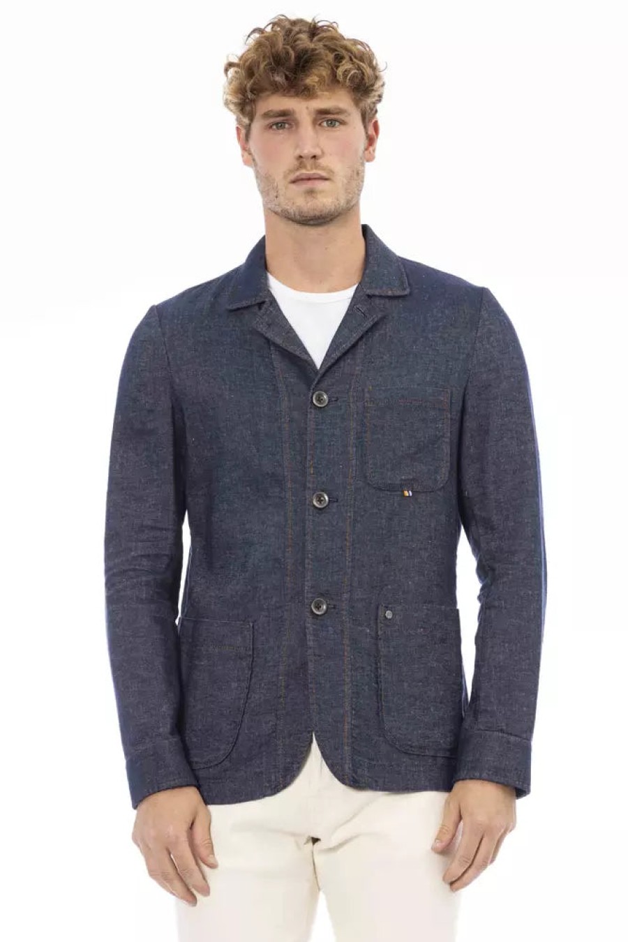 Men Distretto12 Men'S Blazers | Distretto12 Chic Blue Linen-Cotton Blend Jacket With Backpack Feature