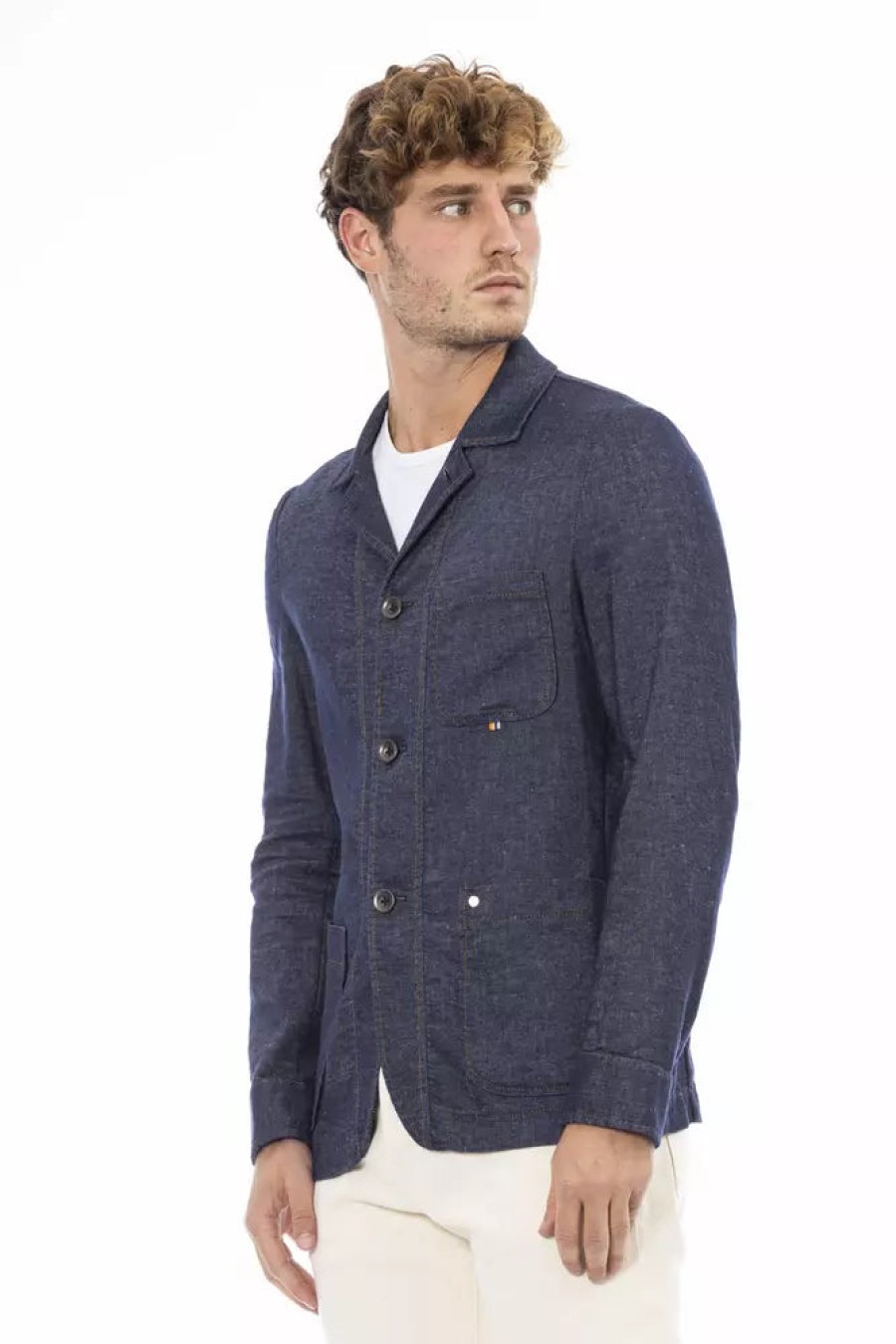 Men Distretto12 Men'S Blazers | Distretto12 Chic Blue Linen-Cotton Blend Jacket With Backpack Feature