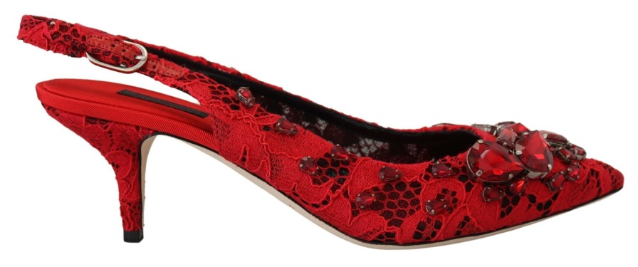 Women Dolce & Gabbana Women'S Pumps | Dolce & Gabbana Red Crystals Heel Slingback Mary Jane Shoes