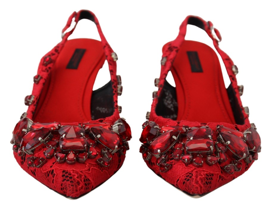 Women Dolce & Gabbana Women'S Pumps | Dolce & Gabbana Red Crystals Heel Slingback Mary Jane Shoes