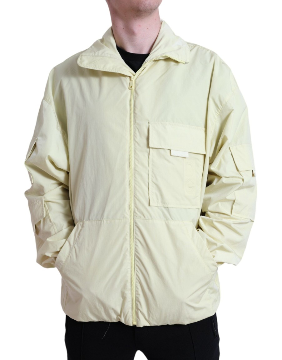 Men Dolce & Gabbana Men'S Jackets | Dolce & Gabbana Yellow Nylon Collared Full Zip Parka Jacket