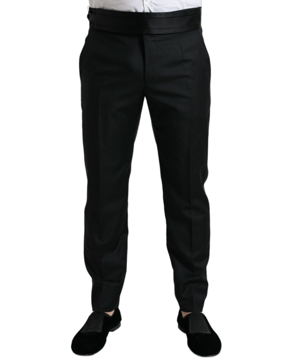 Men Dolce & Gabbana Men'S Jeans & Pants | Dolce & Gabbana Black Wool Slim Fit Formal Trouser Dress Pants