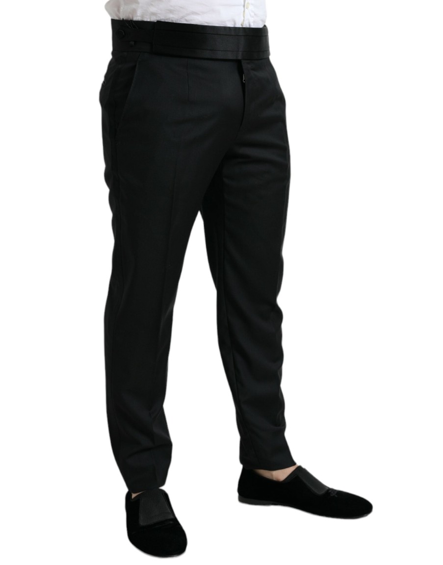 Men Dolce & Gabbana Men'S Jeans & Pants | Dolce & Gabbana Black Wool Slim Fit Formal Trouser Dress Pants