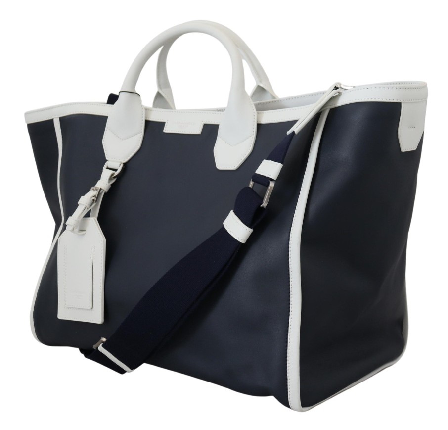 Men Dolce & Gabbana Men'S Shoulder Bags | Dolce & Gabbana White Blue Leather Shopping Tote Bag