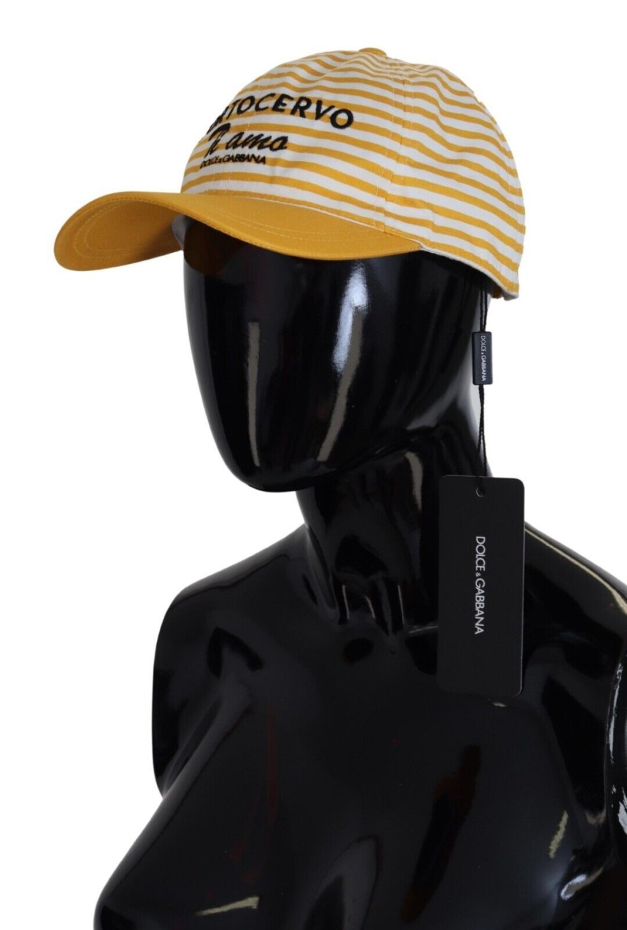 Women Dolce & Gabbana Women'S Hats | Dolce & Gabbana Yellow White Stripes Portocervo Baseball Hat