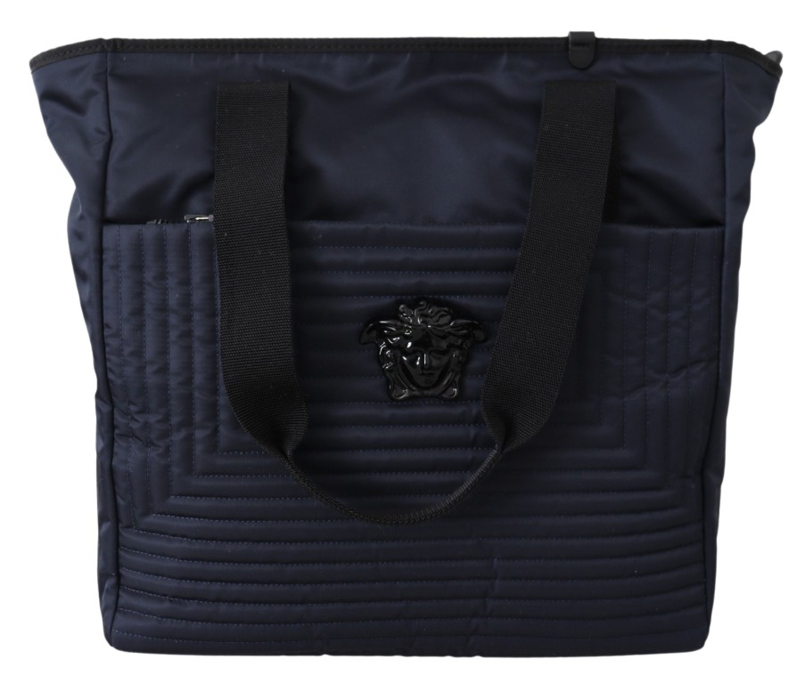 Men Versace Men'S Tote Bags | Versace Blue Nylon Tote Bag