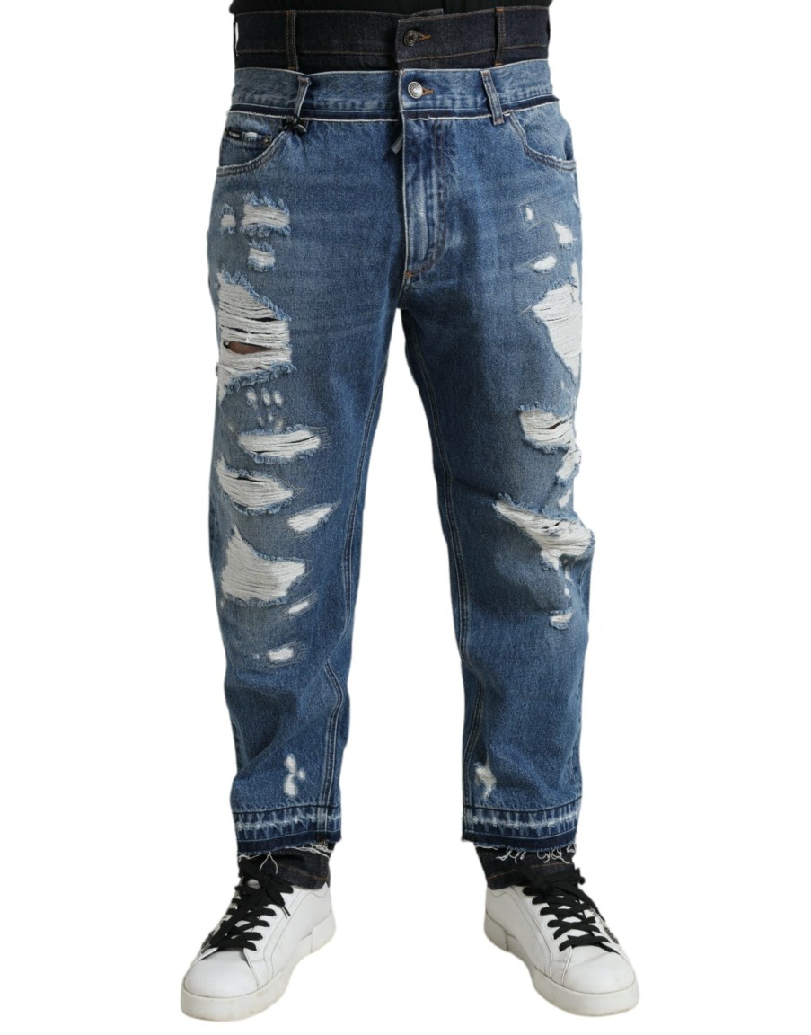 Men Dolce & Gabbana Men'S Jeans & Pants | Dolce & Gabbana Blue Tattered Cotton Men Denim Jeans