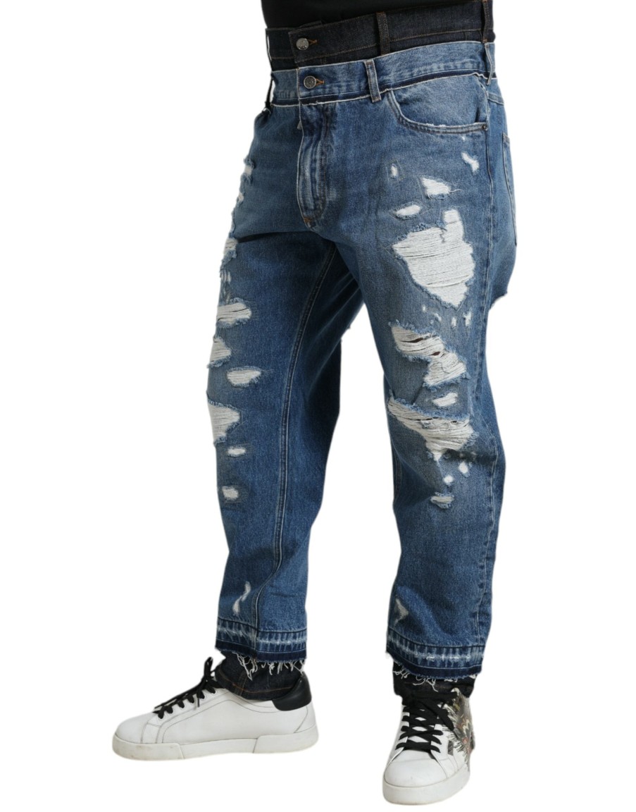 Men Dolce & Gabbana Men'S Jeans & Pants | Dolce & Gabbana Blue Tattered Cotton Men Denim Jeans