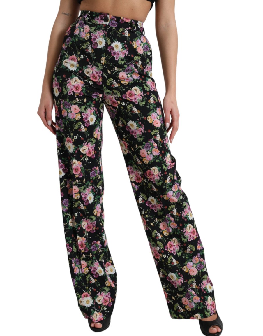 Women Dolce & Gabbana Women'S Pants & Jeans | Dolce & Gabbana Black Floral Wool High Waist Wide Leg Pants