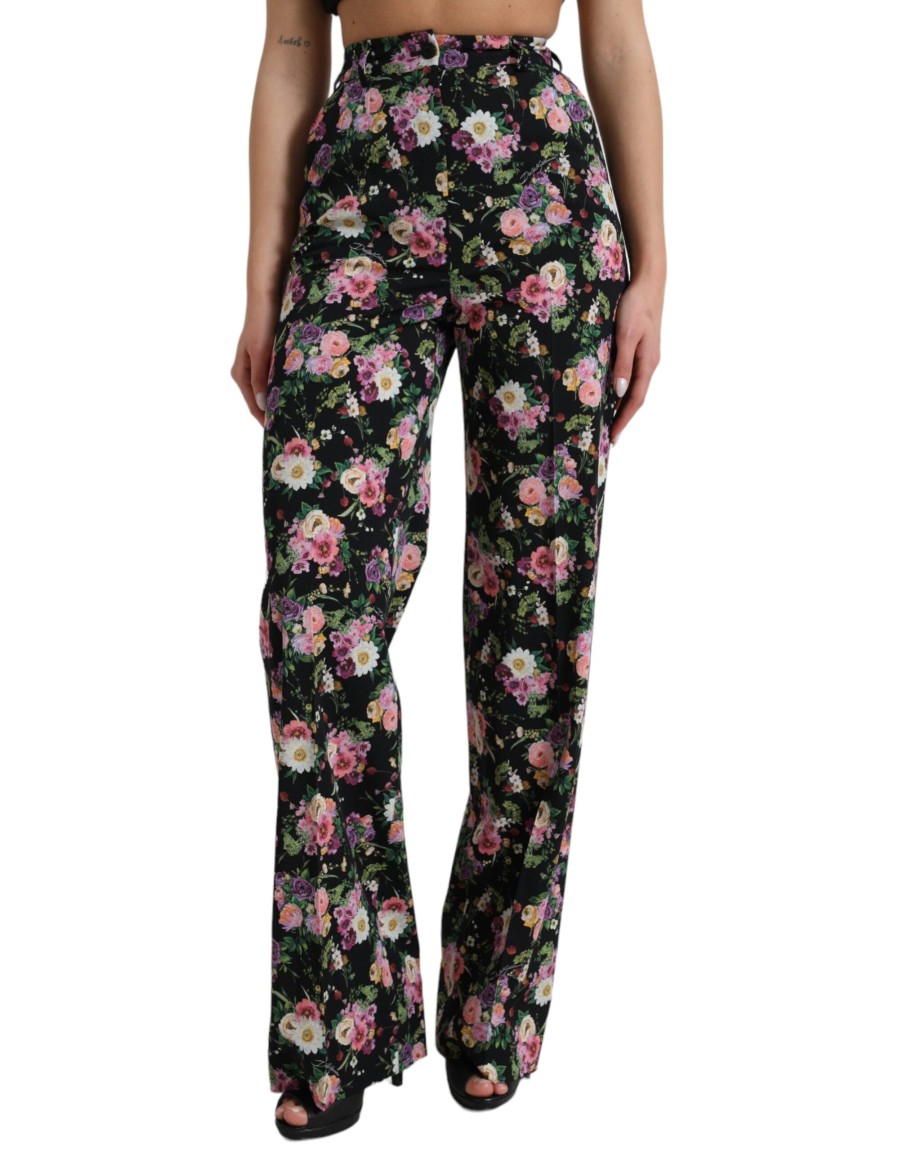 Women Dolce & Gabbana Women'S Pants & Jeans | Dolce & Gabbana Black Floral Wool High Waist Wide Leg Pants