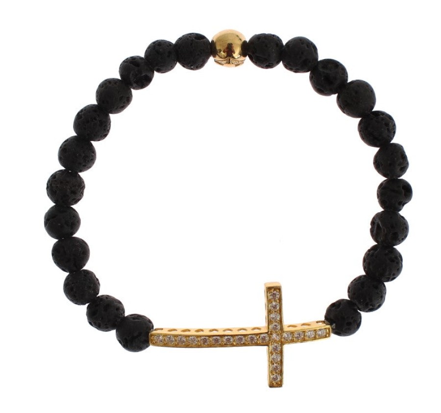 Women Nialaya Women'S Bracelets | Nialaya Lava Stone Gold Clear Cz Cross 925 Silver Bracelet