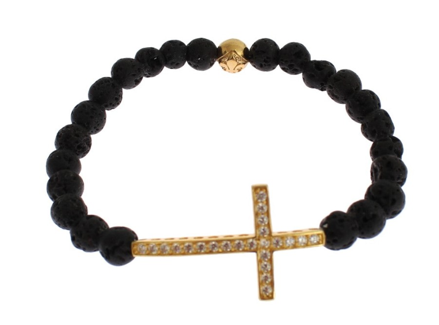 Women Nialaya Women'S Bracelets | Nialaya Lava Stone Gold Clear Cz Cross 925 Silver Bracelet