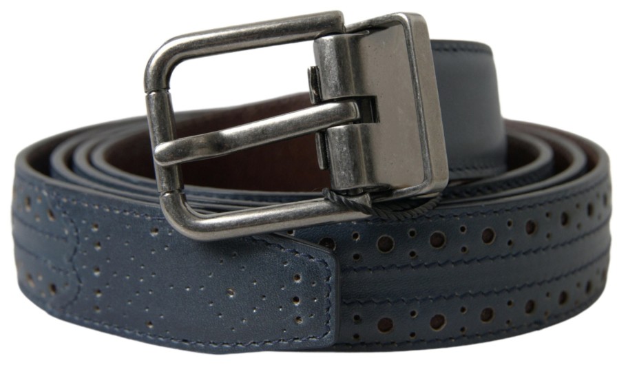 Men Dolce & Gabbana Men'S Belts | Dolce & Gabbana Blue Leather Perforated Metal Buckle Belt