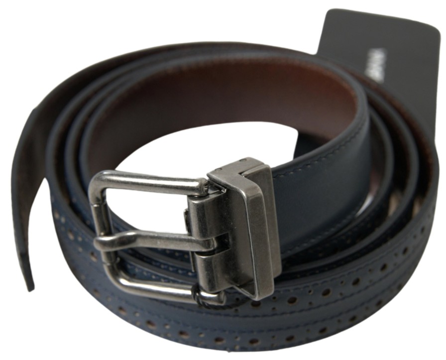 Men Dolce & Gabbana Men'S Belts | Dolce & Gabbana Blue Leather Perforated Metal Buckle Belt