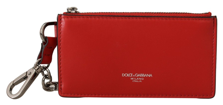 Men Dolce & Gabbana Men'S Keychains | Dolce & Gabbana Red Leather Purse Silver Tone Keychain