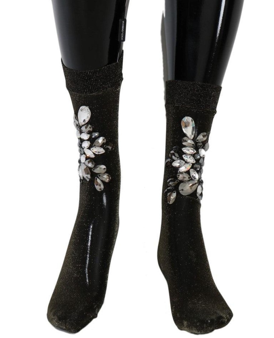 Women Dolce & Gabbana Women'S Tights And Socks | Dolce & Gabbana Black Stretch Floral Clear Crystal Socks