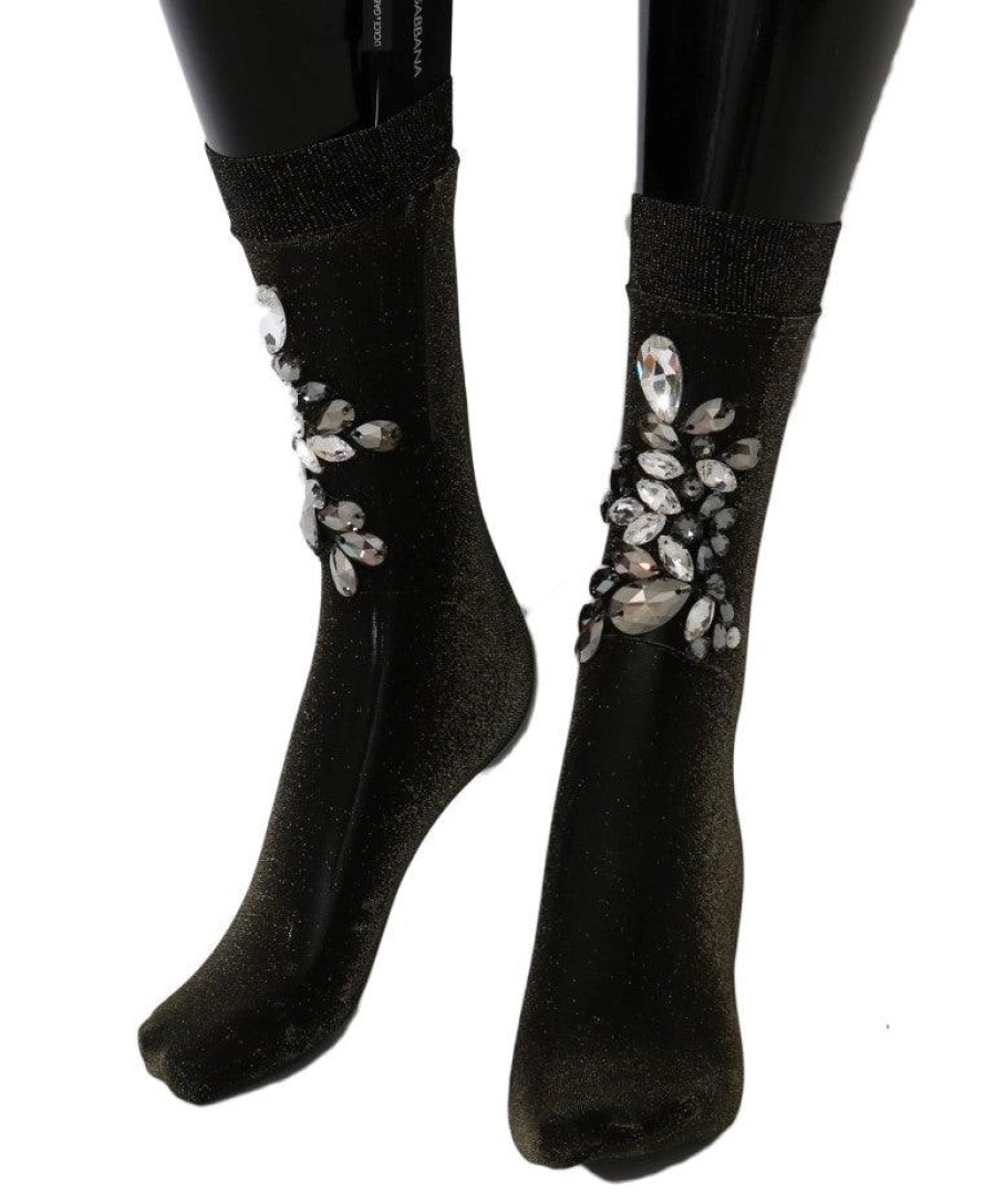 Women Dolce & Gabbana Women'S Tights And Socks | Dolce & Gabbana Black Stretch Floral Clear Crystal Socks