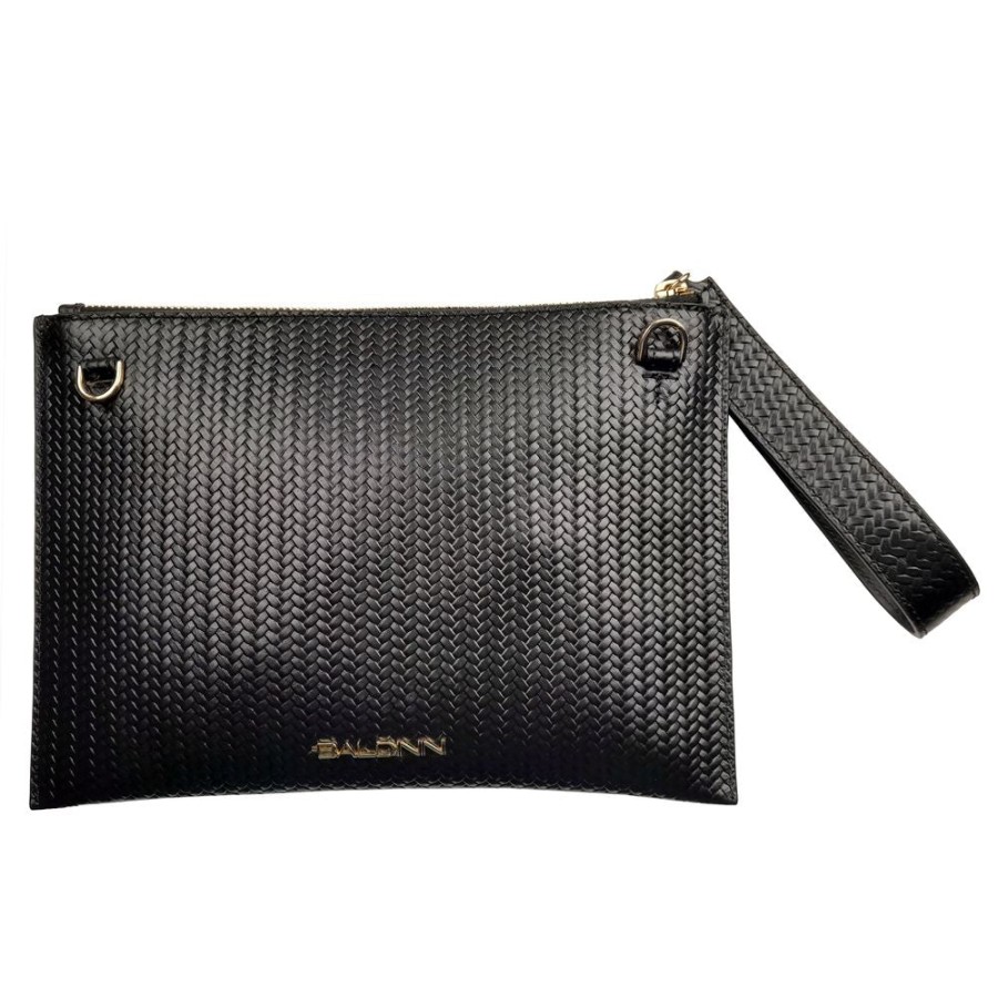 Women Baldinini Trend Women'S Clutch Bags | Baldinini Trend Elegant Black Clutch Bag With Woven Motif