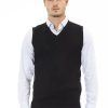 Men Alpha Studio Men'S Vests | Alpha Studio Elegant V-Neck Fine Rib Knit Vest In Black