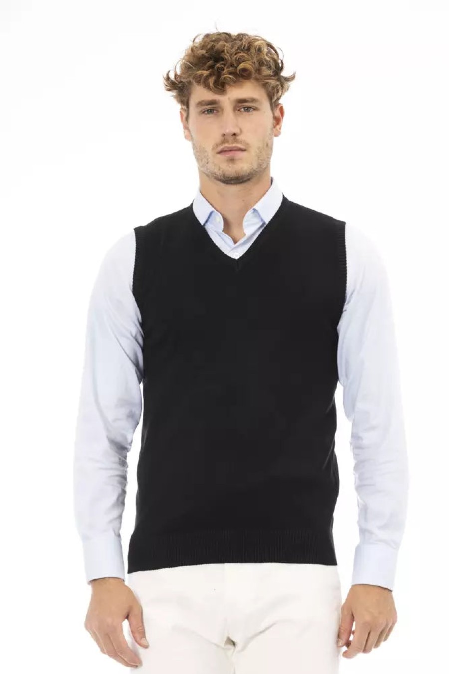 Men Alpha Studio Men'S Vests | Alpha Studio Elegant V-Neck Fine Rib Knit Vest In Black