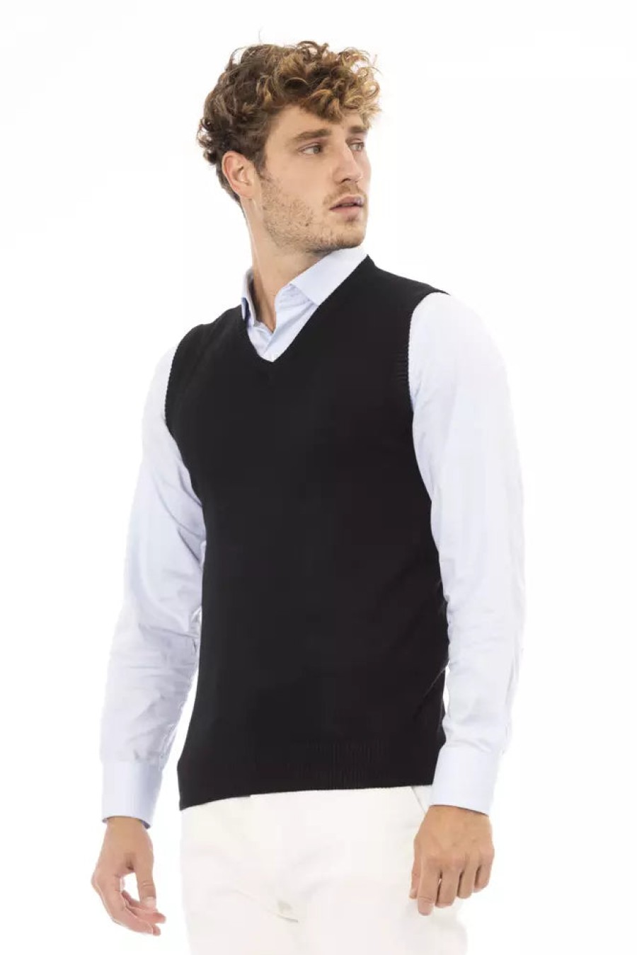 Men Alpha Studio Men'S Vests | Alpha Studio Elegant V-Neck Fine Rib Knit Vest In Black