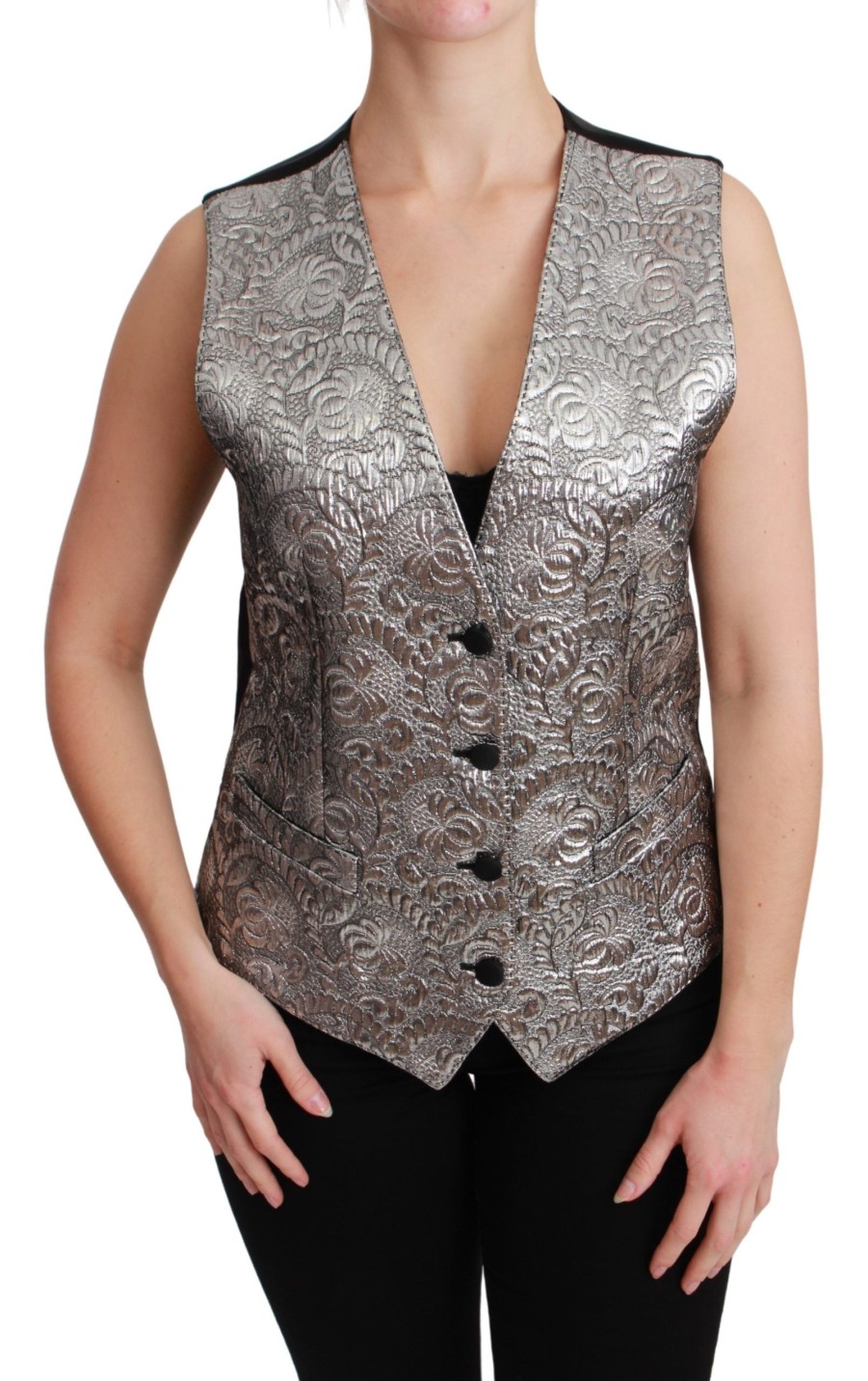 Women Dolce & Gabbana Women'S Vest | Dolce & Gabbana Silver Brocade Sleeveless Metallic Top