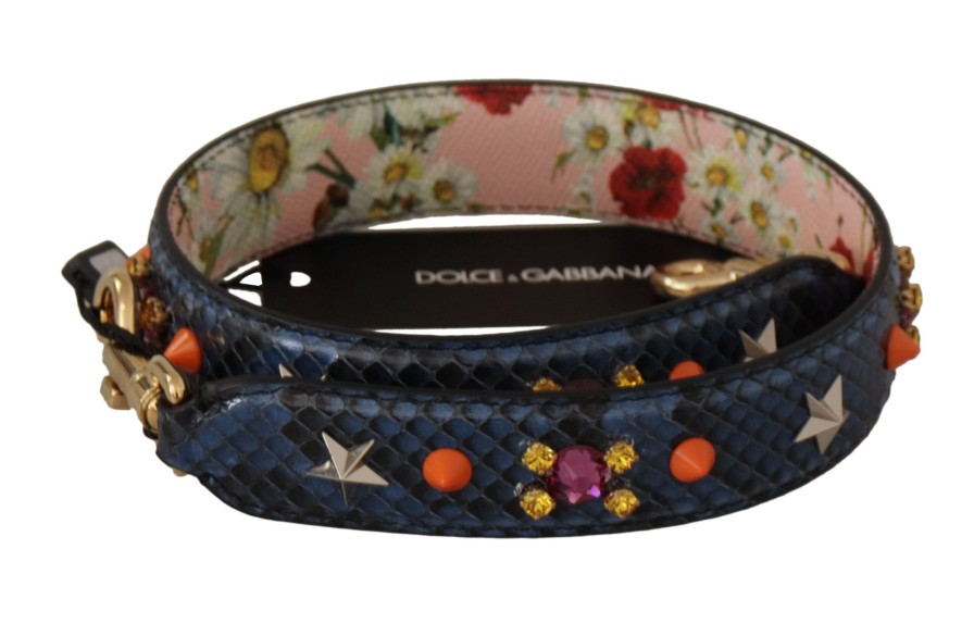 Women Dolce & Gabbana Women'S Leather Accessories | Dolce & Gabbana Blue Exotic Leather Crystals Reversible Shoulder Strap