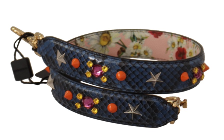 Women Dolce & Gabbana Women'S Leather Accessories | Dolce & Gabbana Blue Exotic Leather Crystals Reversible Shoulder Strap