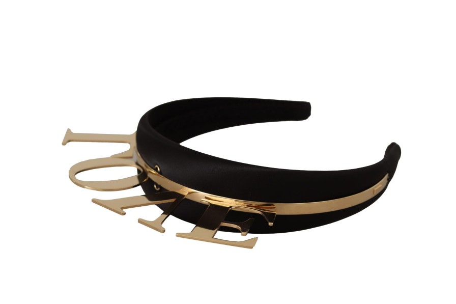 Women Dolce & Gabbana Women'S Headbands | Dolce & Gabbana Black Brass Gold Love Diadem One Size Tiara Headband