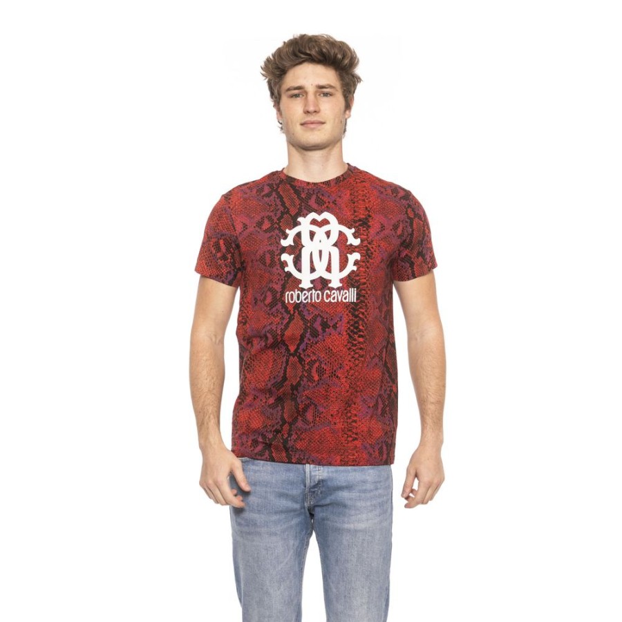 Men Roberto Cavalli Beachwear Men'S T-Shirts | Roberto Cavalli Beachwear Red Python Print Short Sleeve Tee