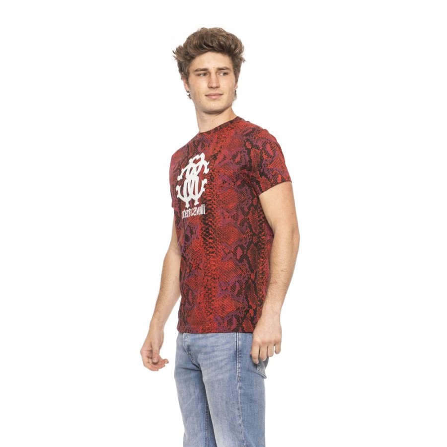 Men Roberto Cavalli Beachwear Men'S T-Shirts | Roberto Cavalli Beachwear Red Python Print Short Sleeve Tee