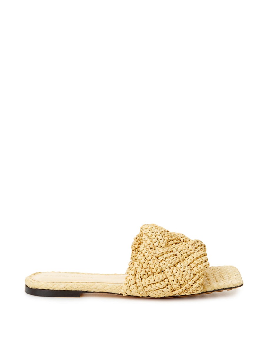 Women Bottega Veneta Women'S Flat Shoes | Bottega Veneta Beige Raffia Mule With Intreccio