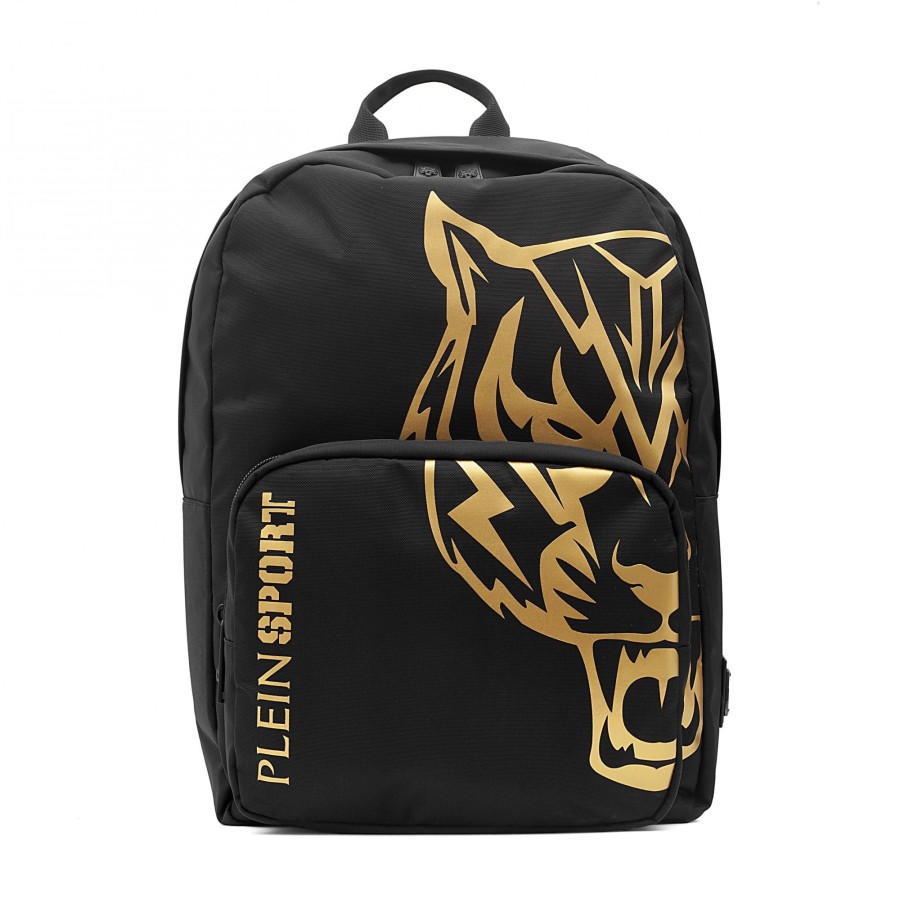 Men Plein Sport Men Backpacks | Plein Sport Elegant Black Backpack With Gold Tiger Motif