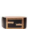 Women Fendace Women'S Belts | Fendace High Leather Black Logo Belt With Crystals