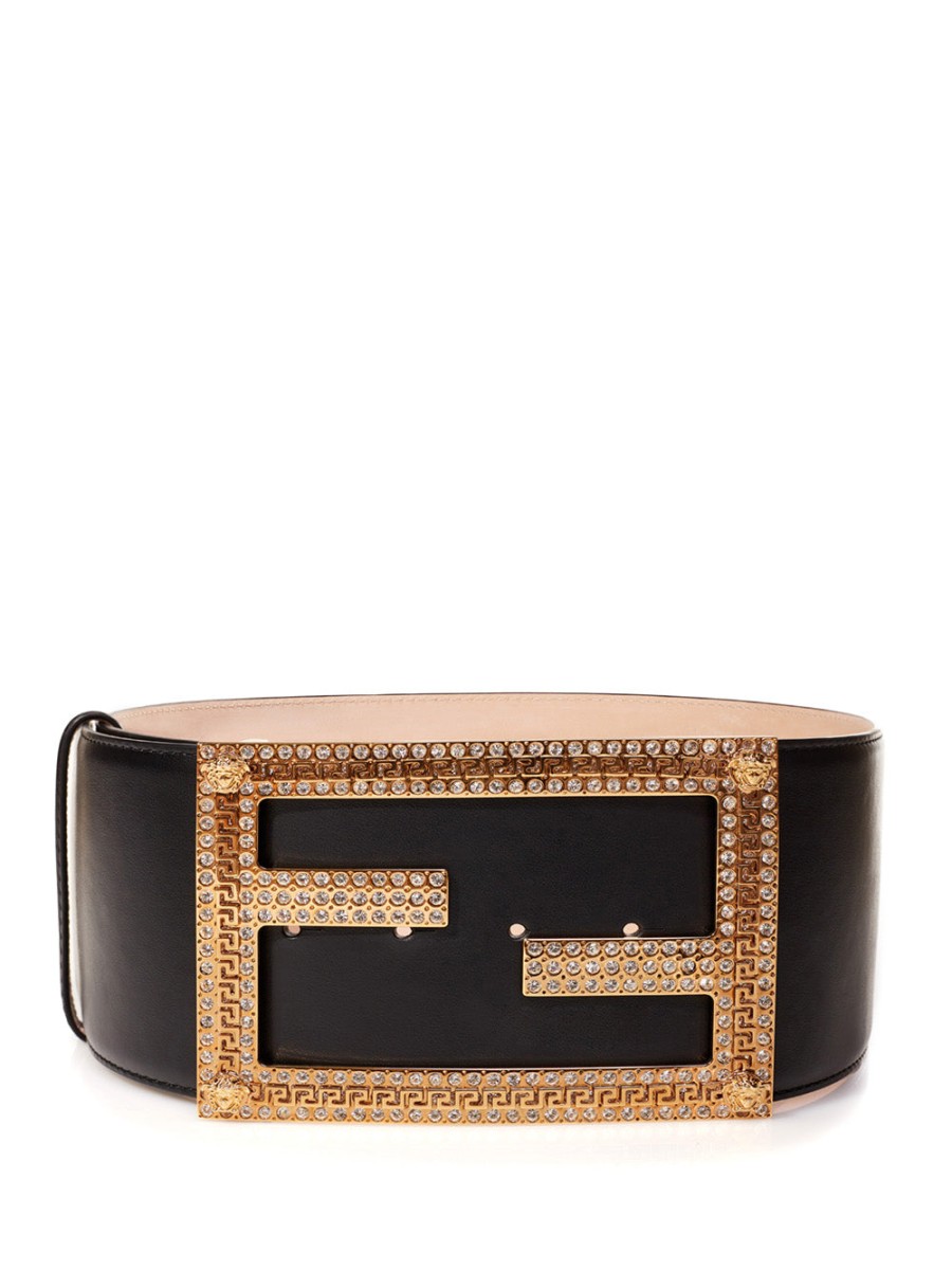 Women Fendace Women'S Belts | Fendace High Leather Black Logo Belt With Crystals