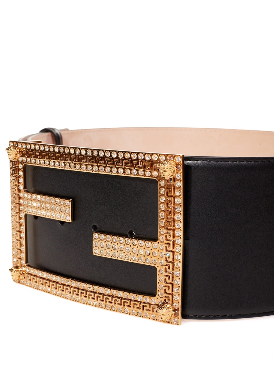 Women Fendace Women'S Belts | Fendace High Leather Black Logo Belt With Crystals