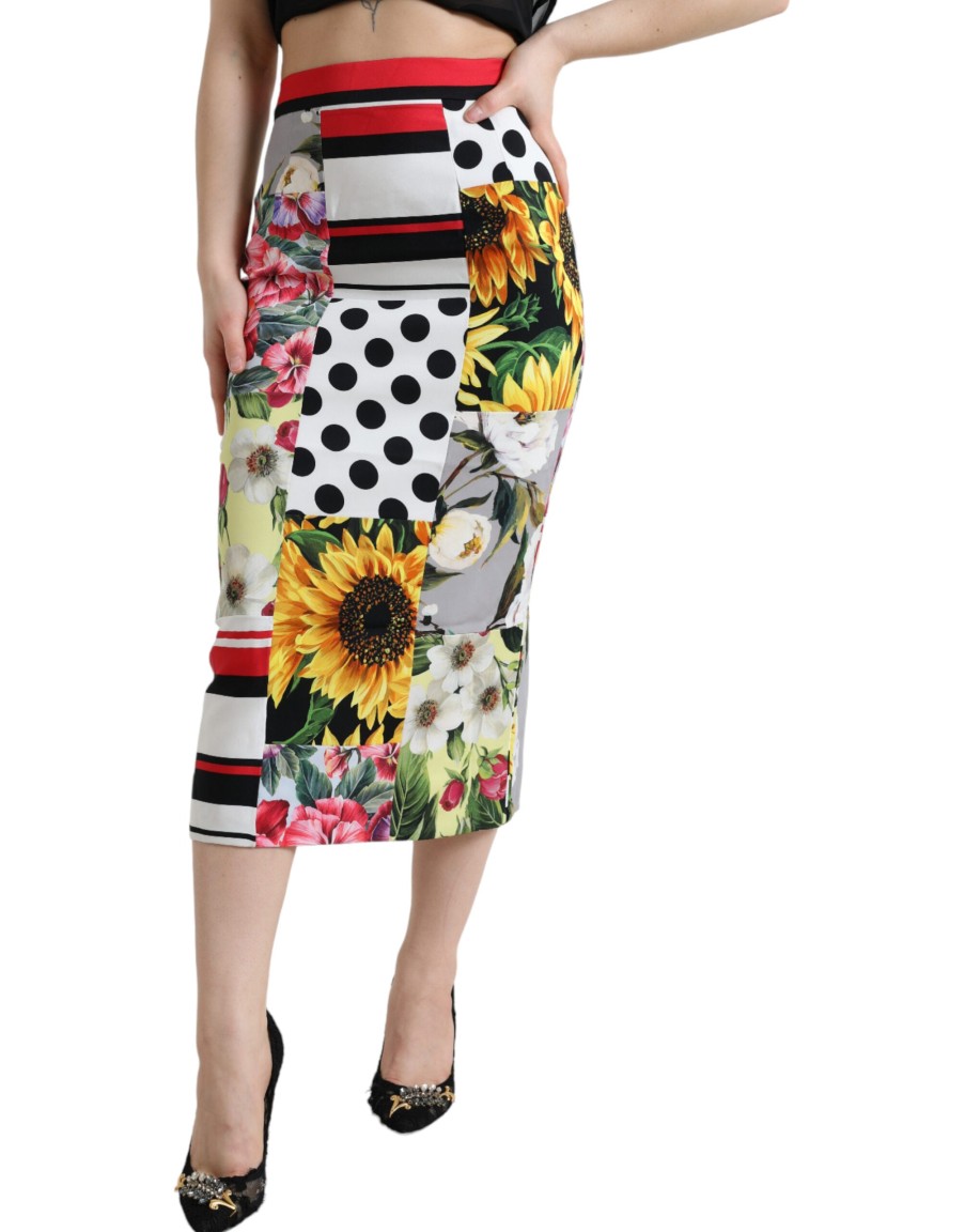 Women Dolce & Gabbana Women'S Skirts | Dolce & Gabbana Multicolor Patchwork High Waist Pencil Cut Skirt