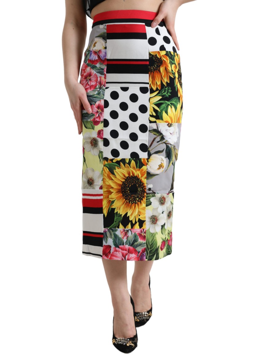 Women Dolce & Gabbana Women'S Skirts | Dolce & Gabbana Multicolor Patchwork High Waist Pencil Cut Skirt