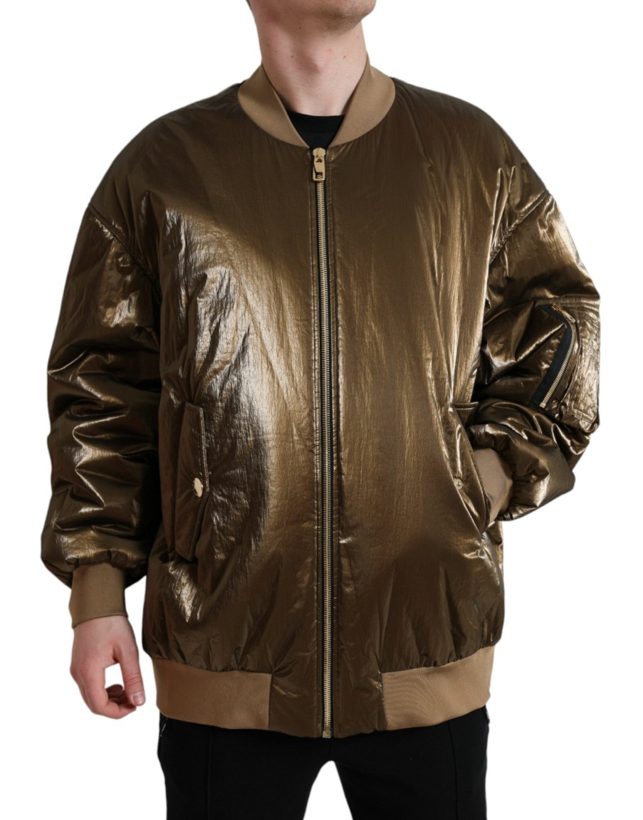 Men Dolce & Gabbana Men'S Jackets | Dolce & Gabbana Bronze Nylon Full Zip Men Bomber Jacket