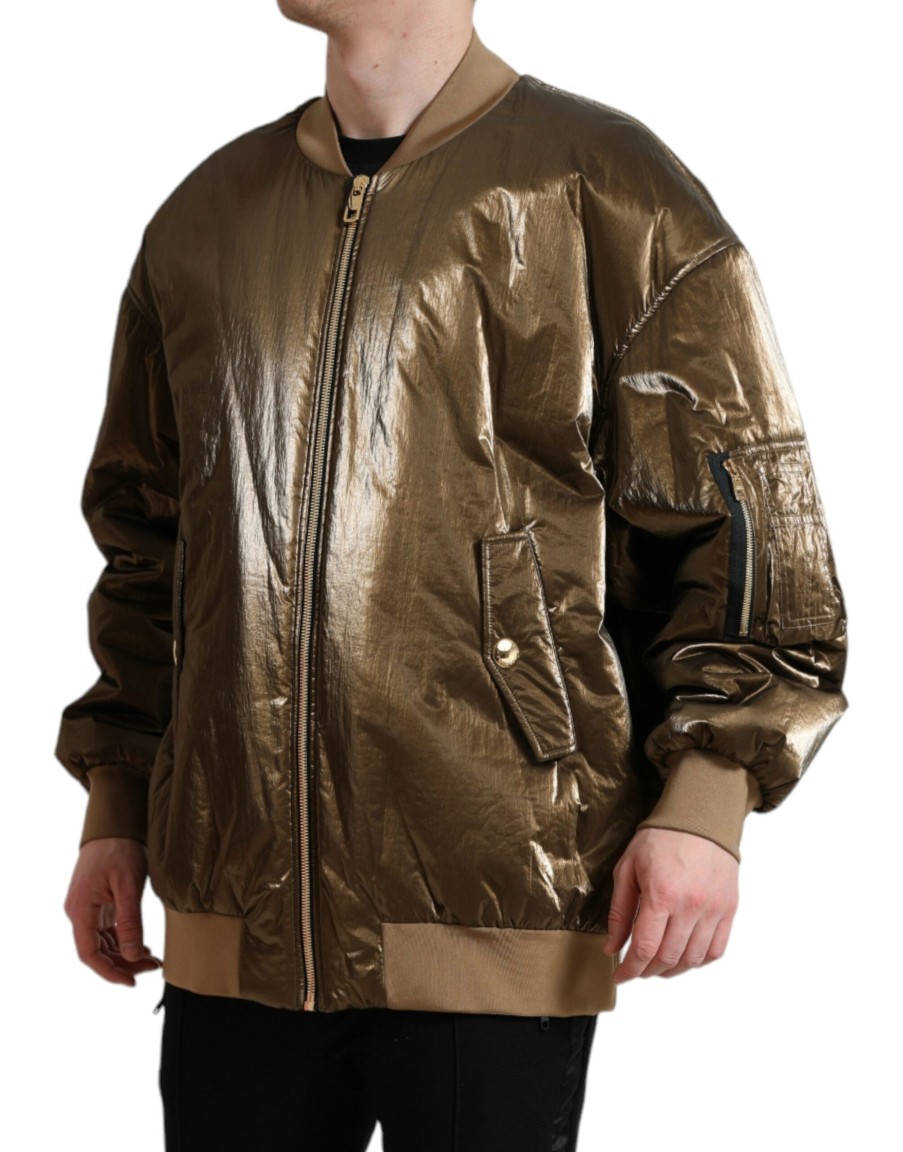 Men Dolce & Gabbana Men'S Jackets | Dolce & Gabbana Bronze Nylon Full Zip Men Bomber Jacket