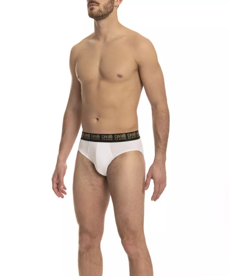 Men Cavalli Class Men'S Underwear | Cavalli Class Chic White Bi-Pack Briefs With Logo Waistband