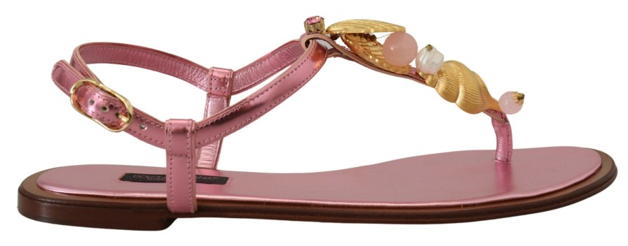 Women Dolce & Gabbana Women'S Flat Shoes | Dolce & Gabbana Pink Embellished Slides Flats Sandals Shoes