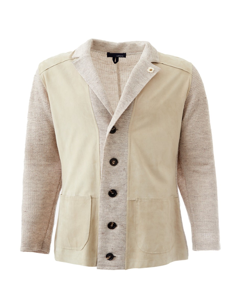 Men Lardini Men'S Cardigans | Lardini Beige Cardigan/Blazer In Blend Linen