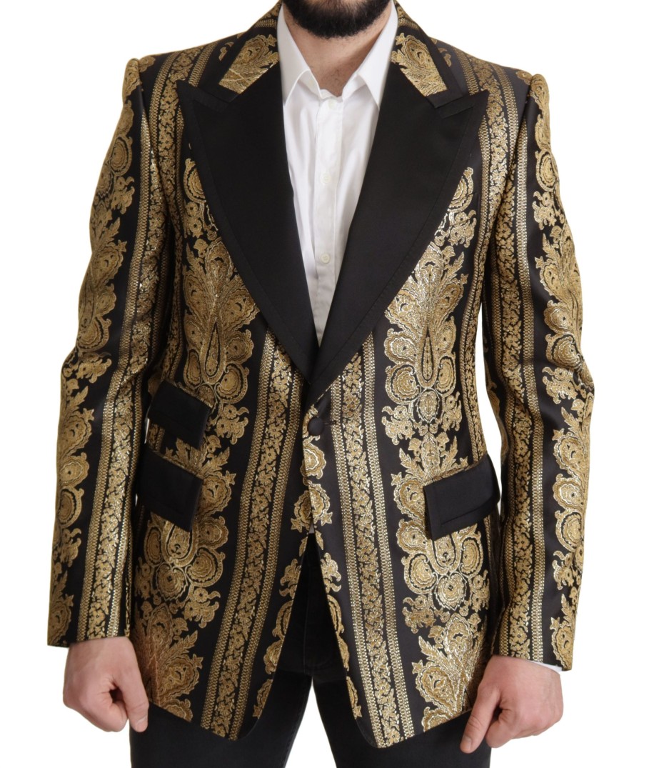 Men Dolce & Gabbana Men'S Blazers | Dolce & Gabbana Black Gold Jacquard Single Breasted Blazer