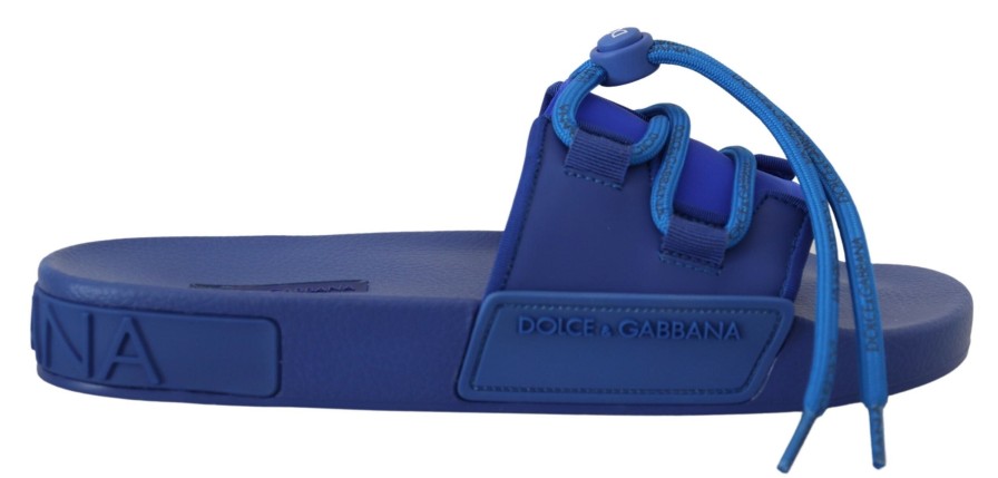 Men Dolce & Gabbana Men'S Slide Sandals | Dolce & Gabbana Blue Stretch Rubber Sandals Slides Slip On Shoes