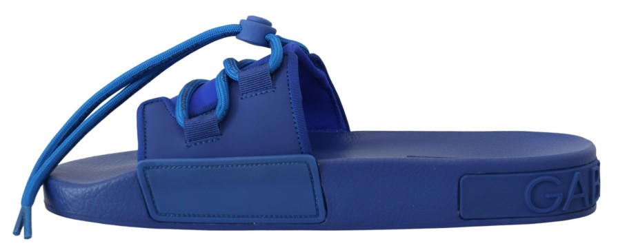 Men Dolce & Gabbana Men'S Slide Sandals | Dolce & Gabbana Blue Stretch Rubber Sandals Slides Slip On Shoes