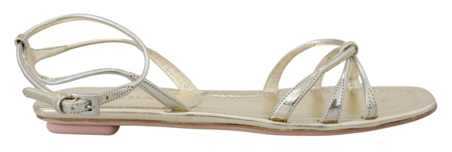 Women Prada Women'S Flat Shoes | Prada Metallic Silver Leather Sandals Ankle Strap Flats Shoes