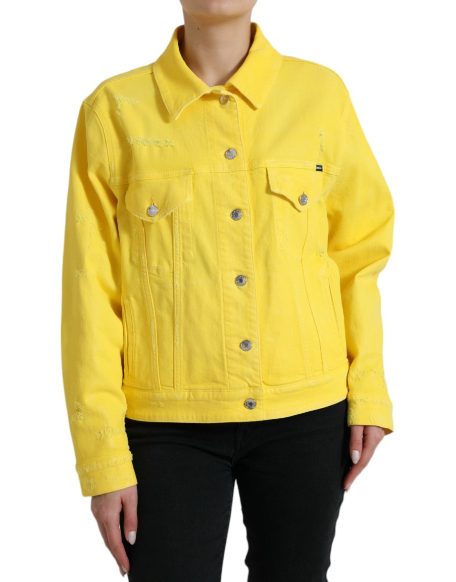 Women Dolce & Gabbana Women'S Jackets & Coats | Dolce & Gabbana Yellow Cotton Denim Jeans Button Coat Jacket